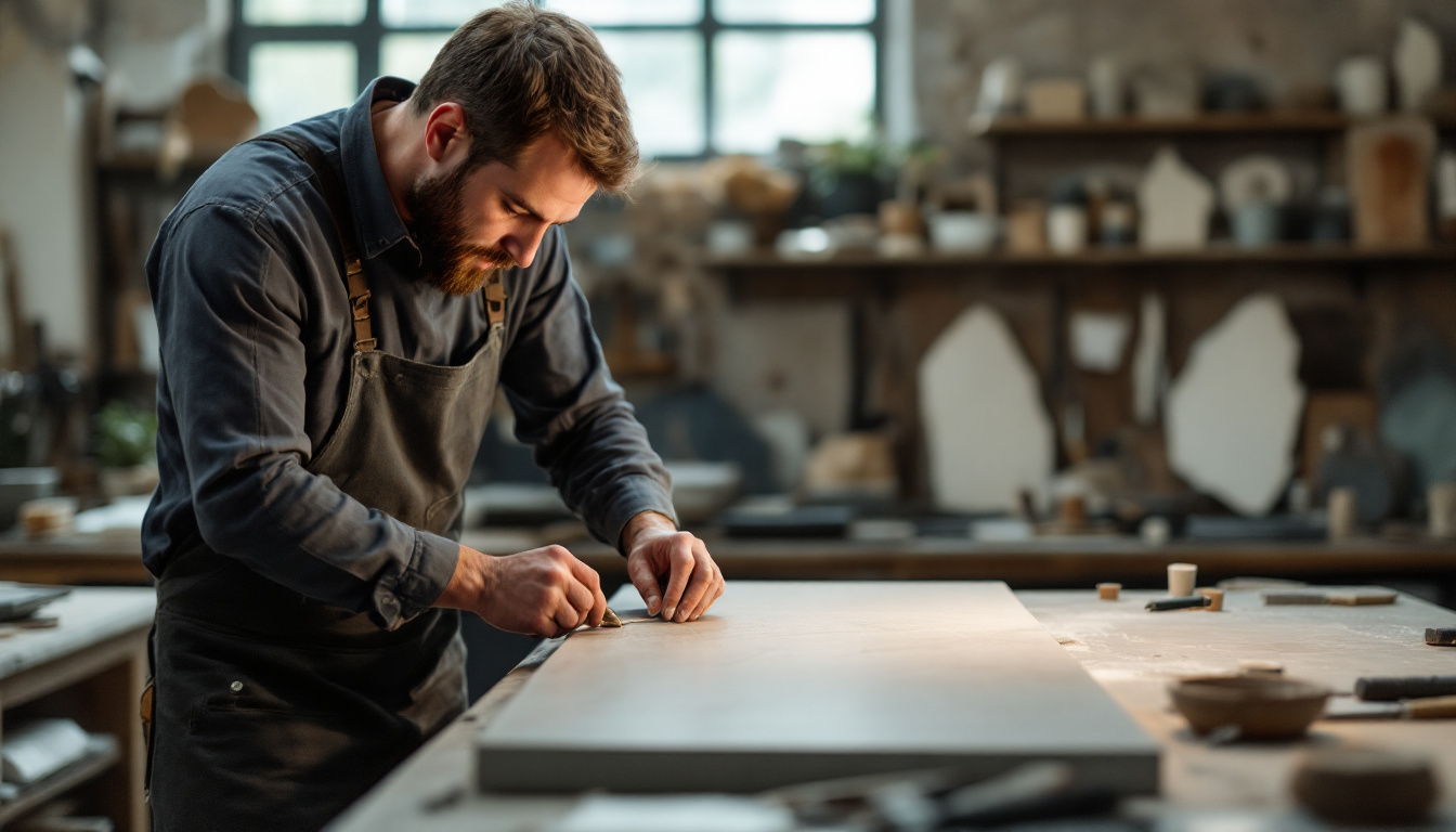a photograph of a skilled artisan working on a unique piece of bespoke natural stone, showcasing the intricate details of the fabrication process in a well-lit workshop filled with various stone samples and tools, photographic, realistic, for a startup's blog, low saturation, life-like realistic soft lighting 4k sigma 50mm f2.8